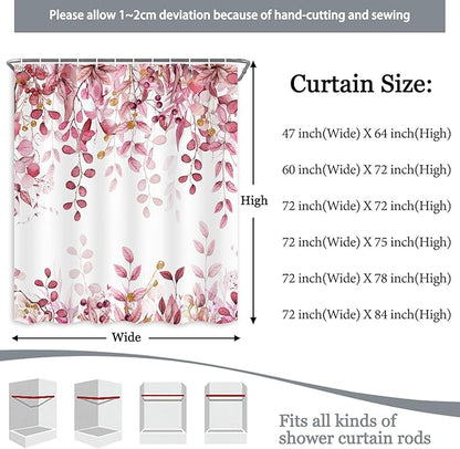 Long Eucalyptus Shower Curtain 72X78 Inch, Pink Watercolor Plants Leaves Floral Tall Bathroom Curtains, Botanical Foliage Waterproof Fabric Cloth Shower Curtain Set with Hooks