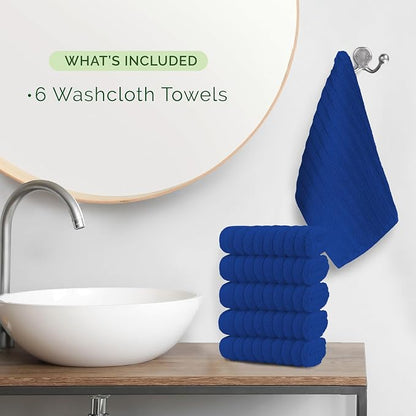 Elegant Comfort 100% Turkish Cotton Corduroy Ribbed Luxury Washcloths 6 Pack Soft 13 x 13 Inch - Higly Absorbent, Durable, Quick Dry, Spa Premium Hotel Quality for Bathroom or Travel, Royal Blue