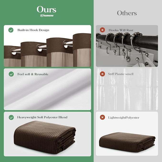 Brown Hook Free Waffle Shower Curtain & Snap-in Fabric Liner,72x87 | Less Time to install, 3 in 1 Fabric Shower Curtain and Liner Set with Magnets, Extra Long, Shower Curtains for Bathroom