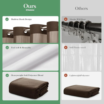 Brown Hook Free Waffle Shower Curtain & Snap-in Fabric Liner,72x87 | Less Time to install, 3 in 1 Fabric Shower Curtain and Liner Set with Magnets, Extra Long, Shower Curtains for Bathroom