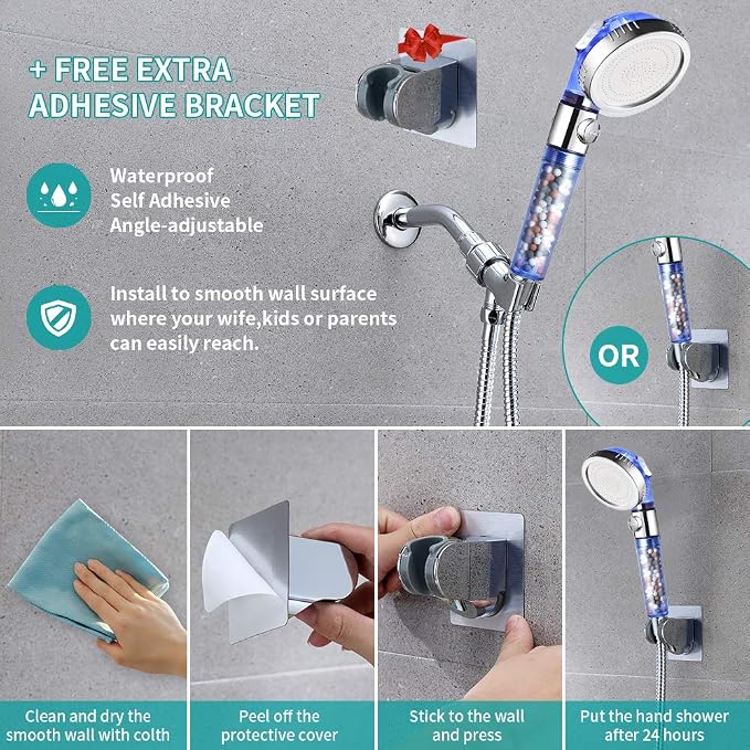 MIAOHUI Blue Zenbody Shower Head with Filter Beads, Shut Off Button | 3 Modes Handheld Filtered Showerhead with On Off Switch, Shower Wand+Hose+Adjustable Bracket+Self-adhesive Holder