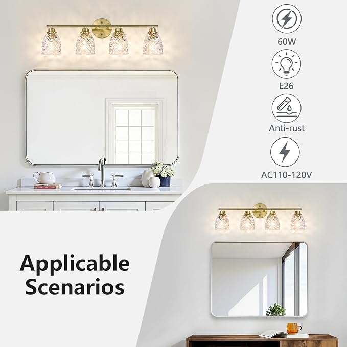 4-Light Vanity Light Over Mirror, Brushed Gold Bathroom Light Fixtures | Modern Farmhouse Wall Sconces with Hammered Glass Lampshade for Kitchen Hallway Bedroom Living Room Cabinet Porch-27.5IN