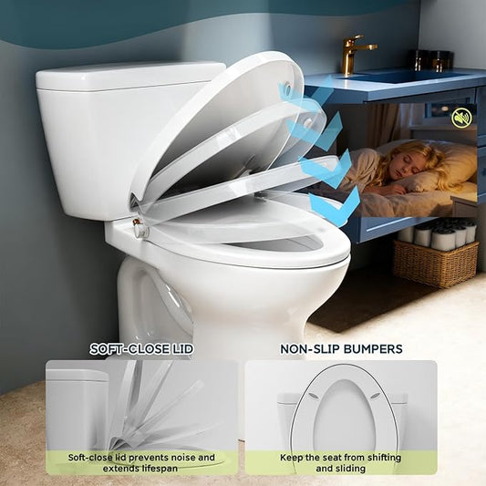 Elongated Bidet Toilet Seat with Soft-Close Lid, Self-Cleaning Dual Nozzles, Non-Electric Bidet Seat with Adjustable Water Pressure, White Toilet Seat for Elongated Toilets with Brass Inlet
