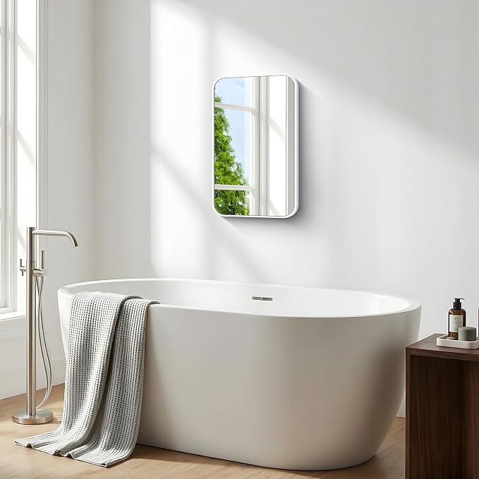 BONEWEI White Bathroom Mirror,16x24 inch Wall Mirror for Bathroom Wall Mounted,Rectangle Mirror for Bathroom Over Sink,Modern Frame Round Corner for Living Room,Bedroom Entryway,Horizontal/Vertical
