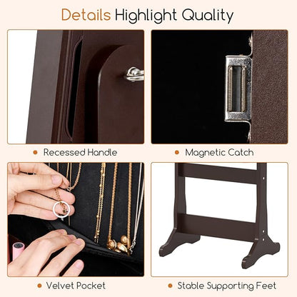 Giantex 2 LEDs Standing Jewelry Cabinet with Full Length Mirror, Lockable Mirrored Jewelry Armoire with 2 Drawers, 4 Adjustable Angles, Jewelry Storage Organizer, Brown