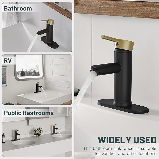Bathroom Faucet for 1 or 3 Holes, Brass, Black and Gold | Single Handle Bathroom Sink Faucets, Modern Commercial Lavatory Vanity Faucet, with Deck Plate and Supply Line, No Drain