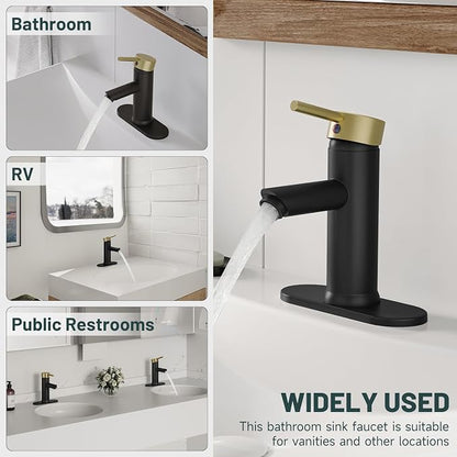 Bathroom Faucet for 1 or 3 Holes, Brass, Black and Gold | Single Handle Bathroom Sink Faucets, Modern Commercial Lavatory Vanity Faucet, with Deck Plate and Supply Line, No Drain