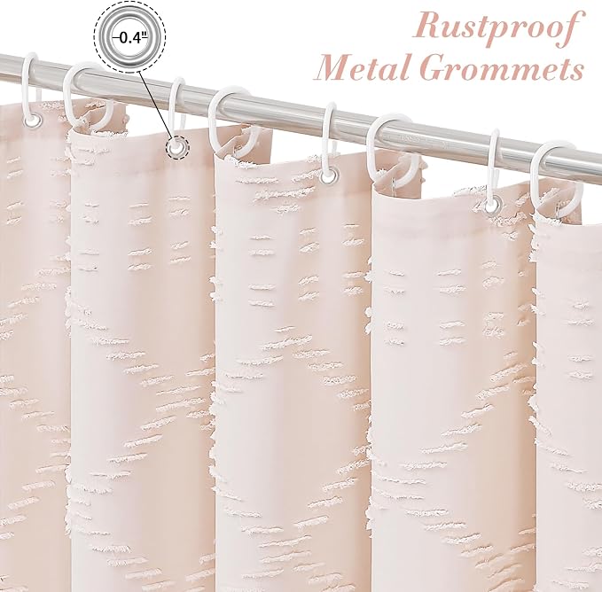 Light Pink Boho Fabric Shower Curtain with Tassel 72x78, Tufted Textured | Modern Farmhouse Curtain for Bathroom, Long Bathroom Curtain, Minimalist Decor, Waterproof