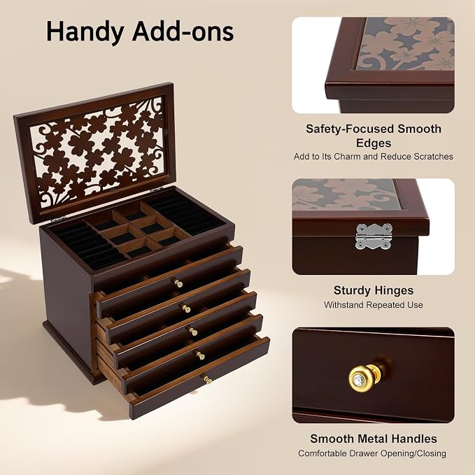 Extra Large Four-Leaf Carved 6 Layers Wooden Jewelry Box Jewelry Case Cabinet Armoire Ring Necklacel Gift Storage Box Organizer (Brown)