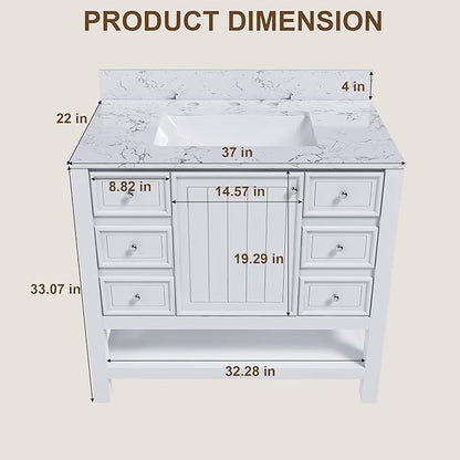 Montary 36" Bathroom Vanity with 37" Artificial Marble Carrara White Top, Modern Stylish MDF Bathroom Storage Cabinet, Freestanding Vanity Set with One Cabinet & 3 Drawers, White (Three Holes)