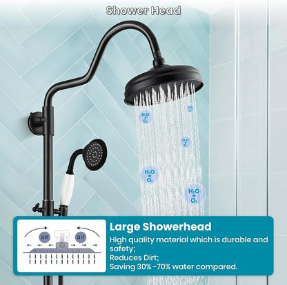 gotonovo Exposed Shower Faucet Set Luxury,Oil Rubbed Bronze,Curved Arc Rod | Bathroom 8” Shower Head with Handheld Spray System Fixtures,Vintage Two Cross Handle,Wall Mount,for 5-6.7" Hole,Adjust Height