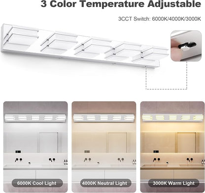 GOODATE 3 Color Temperature Dimmable Vanity Lighting Fixtures, LED Chrome 5 Light Bathroom Vanity Light, Acrylic Stainless Steel Square Shade Vanity Lights for Bathroom, ETL Certificated