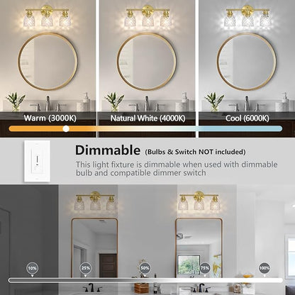 3-Light Bathroom Light Fixtures, Brushed Gold Vanity Lights Over Mirror | Modern Farmhouse Wall Sconces with Hammered Glass Lampshade for Kitchen Hallway Bedroom Living Room Cabinet Porch-18.1IN