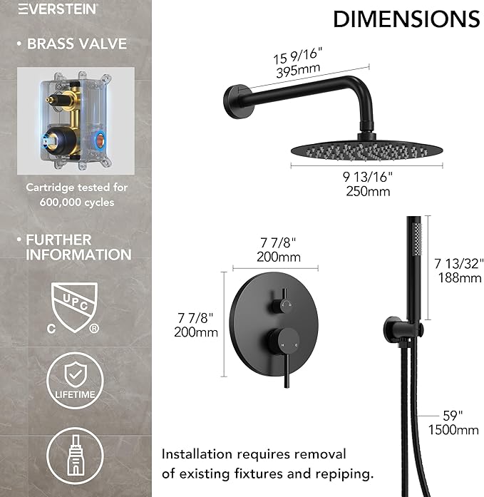 10" High-Pressure Rainfall Shower System with Handheld Spray, Wall Mount Bathroom Shower Faucet Set (Matte Black)