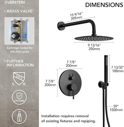 10" High-Pressure Rainfall Shower System with Handheld Spray, Wall Mount Bathroom Shower Faucet Set (Matte Black)