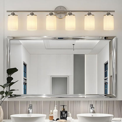 Jonsi Nickel Bathroom Light Fixtures 6-Light Vanity Lights Modern Wall Sconce with Milk White Shade Brushed Nickel Bathroom Light Fixture Over Mirror for Bedroom Hallway Kitchen