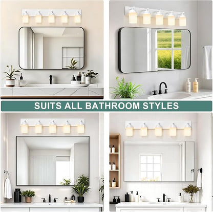 IZORRO Bathroom Vanity Light Fixture, 5-Light 36 Inch White Bathroom Light Fixtures Over Mirror, with White Glass Shade, Modern Farmhouse Vanity Lights, Rustic Restroom Lighting Fixtures