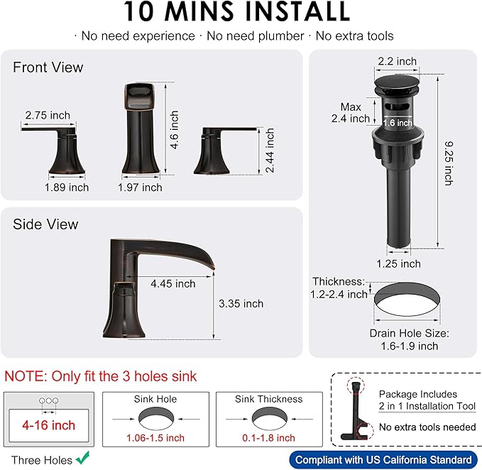 Oil Rubbed Bronze Bathroom Sink Faucet Widespread, 8 Inch Waterfall Faucet Bathroom 3 Hole with Pop-up Drain and cUPC Supply Lines, 2 Handles for Vanity, Restroom, Farmhouse, Brass Material