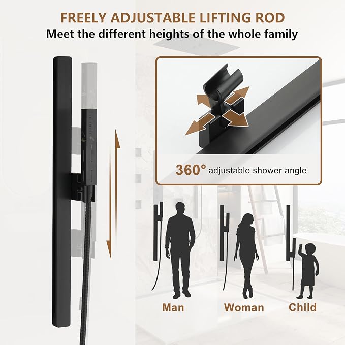 CASAINC 27x16 Inch Thermostatic Shower System Luxury 6 Functions Full Body Shower System with Sliding Rod 2 in 1 Handheld, LED & Music (Matte Black)