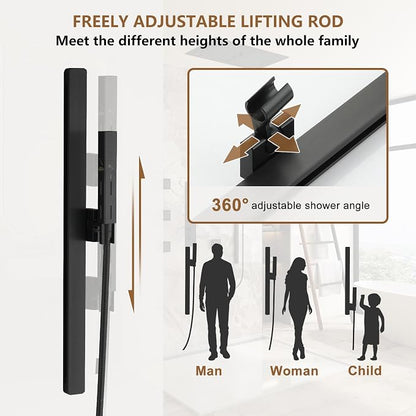 CASAINC 27x16 Inch Thermostatic Shower System Luxury 6 Functions Full Body Shower System with Sliding Rod 2 in 1 Handheld, LED & Music (Matte Black)