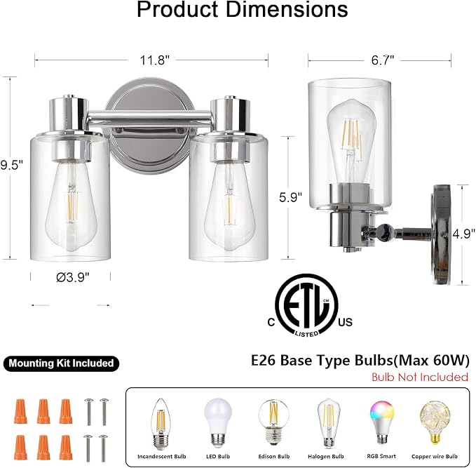 2 Light Bathroom Wall Sconce Light Fixtures with Clear Glass Bathroom Wall Lights Over Mirror Vanity Lights Chrome with E26 Base