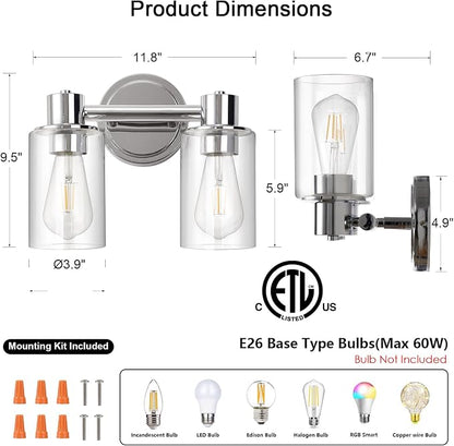 2 Light Bathroom Wall Sconce Light Fixtures with Clear Glass Bathroom Wall Lights Over Mirror Vanity Lights Chrome with E26 Base