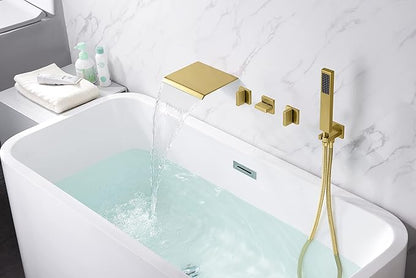 SUMERAIN Wall Mounted Bathtub Faucet with Handheld Shower, Waterfall Tub Faucet Filler Brushed Gold Finish, with Rough in Valve