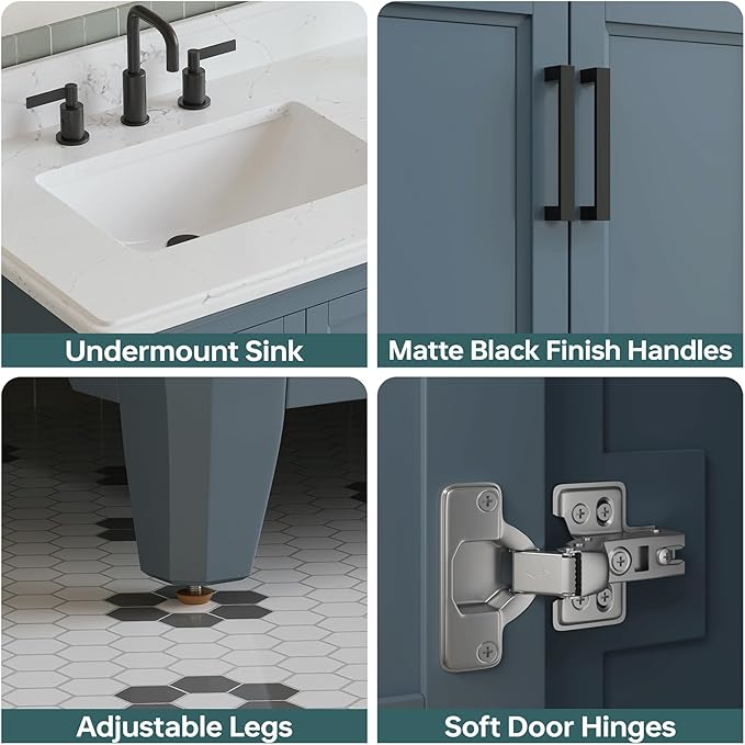 36 Inch Bathroom Vanity with Sink, Fully Assembled Bathroom Vanities with Quartz Countertop, 36 Vanity with Sink and Countertop, Soft Closing Doors & Dovetail Drawer, Steel Blue