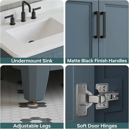 36 Inch Bathroom Vanity with Sink, Fully Assembled Bathroom Vanities with Quartz Countertop, 36 Vanity with Sink and Countertop, Soft Closing Doors & Dovetail Drawer, Steel Blue