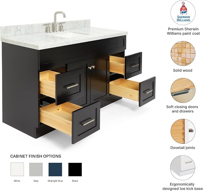 DKB Bradford 54" Black Single Bathroom Vanity with Sink, 1.5" Italian Carrara Marble Countertop, Rectangular Undermount Sink, 2 Soft Closing Doors, 4 Dovetail Drawers