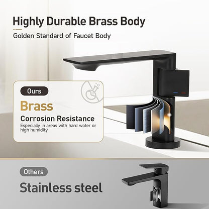 Modern Single Hole Bathroom Faucet | 5.3" Matte Black Luxury Vessel Sink Faucet | Spot-Free Finish & Anti-Splash Design | Premium Ceramic Valve, Easy Installation | 1 or 3 Hole