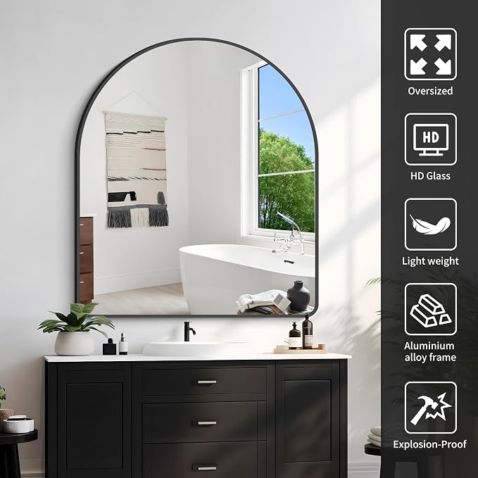 FORBATH Arched Mirror 36x40 Inch, Black Arched Mirror Wall Mounted Modern Black Aluminum Frame Decor Large for Dresser Bedroom Living Room Entryway, Hanging or Leaning Against Wall
