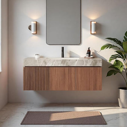 48" Bathroom Vanity with Sink, Wall-Mounted Plywood Bathroom Storage Cabinet with Ceramic Basin & Sintered Stone Countertop, Modern Pre-Assembled Floating Vanity with Drawer & Door, Brown Oak
