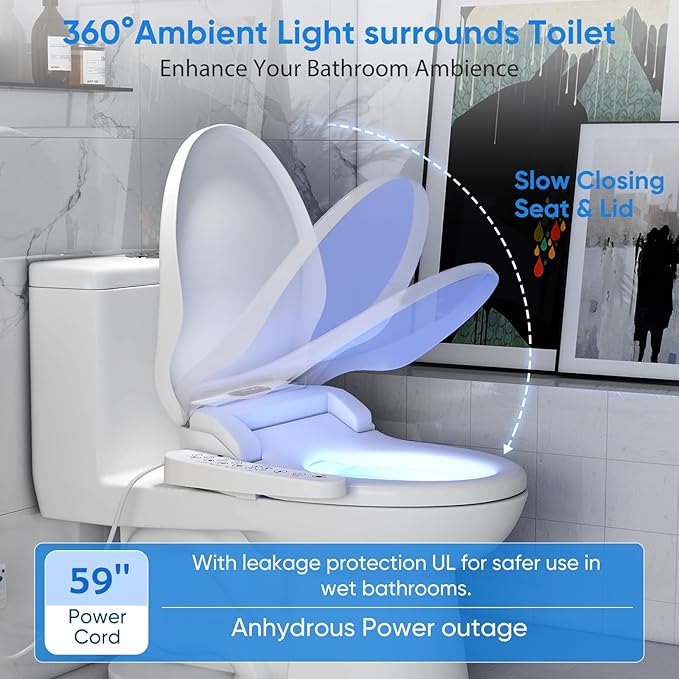 Upgrade Bidet Toilet Seat Elongated, Rear and Feminine Wash, Unlimited Warm Water, Heated Seat, Warm Air Drying, Soft Close Lid, Sense Seat