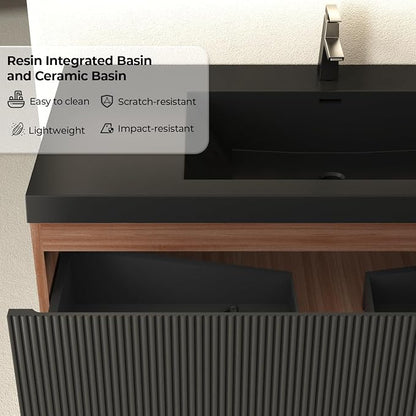 42 Inch Floating Bathroom Vanity with Sink, Wall Mounted Striped Storage Cabinet, Soft Close Drawer, Black Quartz Sand Basin, Fully Assembled, Smoked Walnut Finish