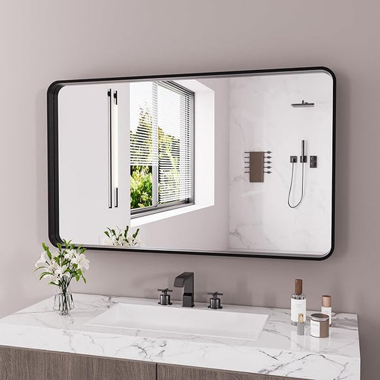 Black Bathroom Mirror 77X36 Inch, Black Metal Framed Mirror for Wall, Rounded Rectangle Matte Bathroom Vanity Mirror with Tempered Glass, Anti-Rust, Horizontal/Vertical
