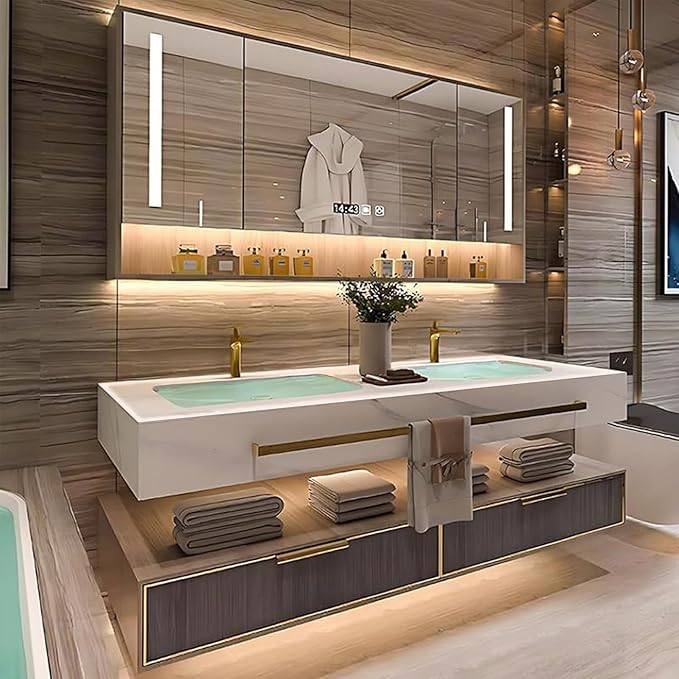 Bathroom Vanity - 72 Inch Luxurious Bathroom Vanity with Double Sinks Includes Modern Metal Luxury Style,Modern Cabinet with Towel Hanging & Led Light,Slate Countertop