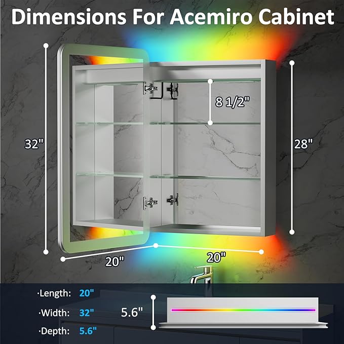 20×32 Inch Lighted Medicine Cabinet with Mirror, LED Medicine Cabinet with RGB Lights, Multicolor Backlit Mirror with Adjustable Front Lighted, Defogger, Memory Function, Surface Mount