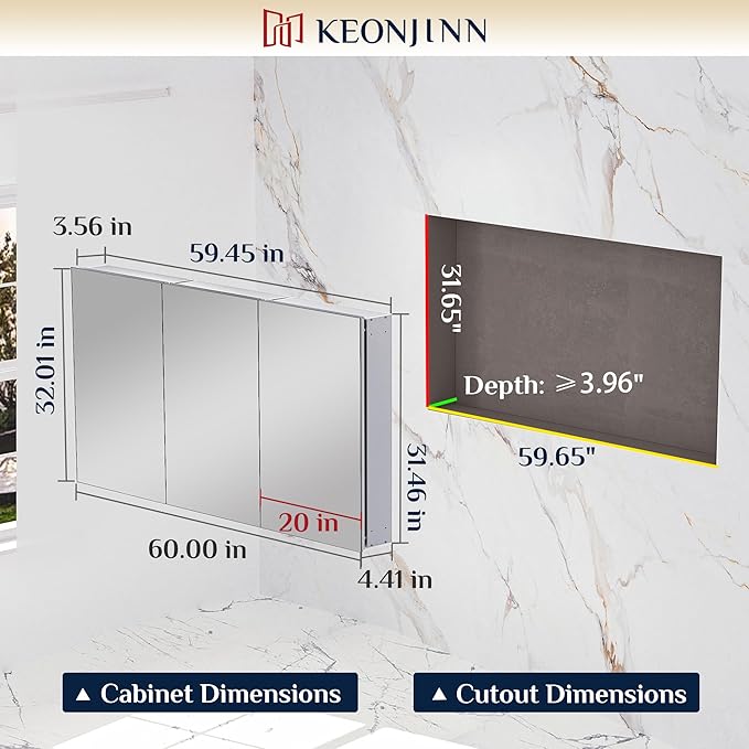 Keonjinn 60 x 32 Inch Large Medicine Cabinet Mirror, Safe Tempered Glass | Assembly Required, Lightweight Aluminum, Adjustable Shelves, Surface Mount or Recessed, Soft Close DTC Hinges, Silver