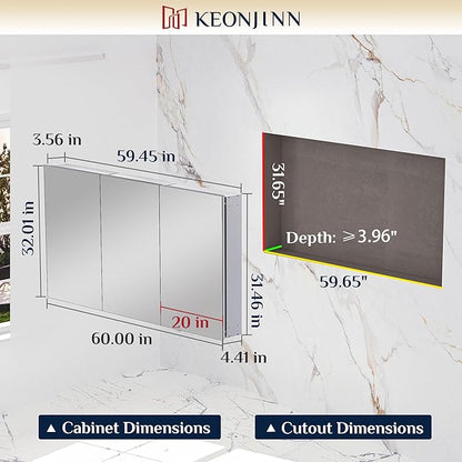 Keonjinn 60 x 32 Inch Large Medicine Cabinet Mirror, Safe Tempered Glass | Assembly Required, Lightweight Aluminum, Adjustable Shelves, Surface Mount or Recessed, Soft Close DTC Hinges, Silver