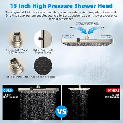 Hibbent 13'' Filtered Shower Head with 10-Spray Handheld, Brushed Nickel | 5 Modes Rainfall Shower Head, High Pressure Showerhead Combo, 20 Stage Shower Filter, 12'' Extension Arm, 71'' Hose & Holder