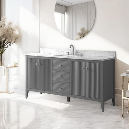 Vanity Art 60 inch Bathroom Vanity with Single Sink & Ceramic Top, Vanity Cabinet with Soft-Closing Door, Solid Wood Frame, Linear Pattern, Cashmere Gray, Golden Brushed Handware VA9160-SG-GB