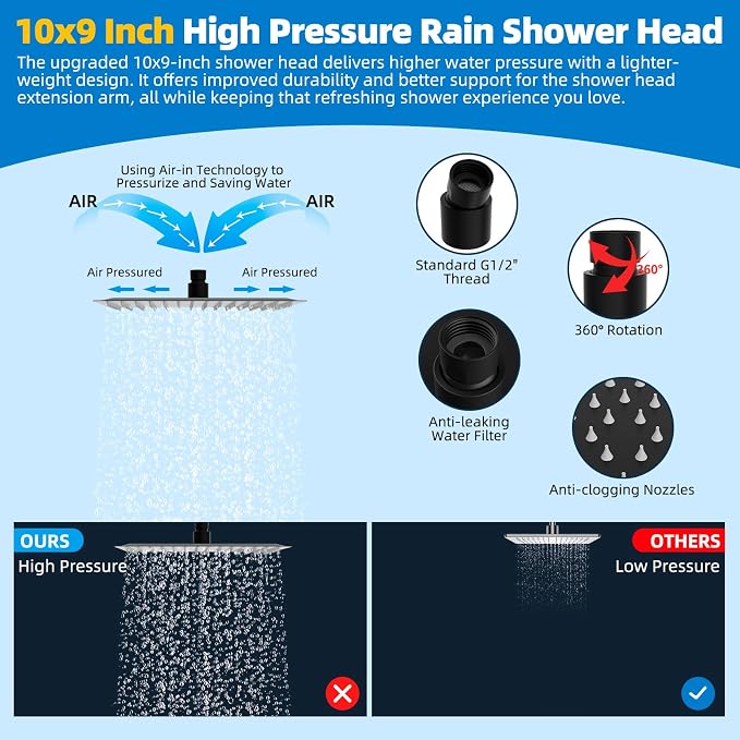 Hibbent All Metal cUPC Certified Shower Head, 10'' High Pressure Rainfall Showerhead Combo, Handheld Shower Wand, 12'' Adjustable Extension Arm, 4-Spray, 71'' Hose, Brass Shower Holder, Matte Black