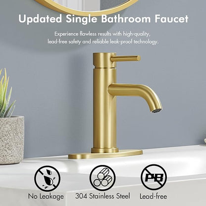 Gold Bathroom Faucet, WINKEAR Single Hole Bathroom Faucet with Pop-up Drain and Flexible Hoses, Single Handle for Sink, Vanity, RV, Modern Farmhouse, Suitable for 1 Hole or 3 Hole