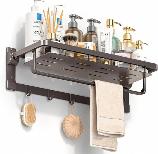 Rust-Proof Floating Shelves Organizer with Foldable Towel Bar 5 Towel Hooks Wall Mounted Organizer 23-Inch Towel Racks for Bathroom Lavatory Kitchen Rv Home Decor, Grey