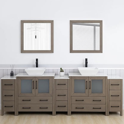 Vanity Art 96 Inch Vessel Double Sink Bathroom Vanity Cabinet with 2 Mirrors, Engineered Marble Top Bathroom Cabinet Compact Set with 13 Dovetail Drawers and Soft Closing Doors, VA3130-96DG