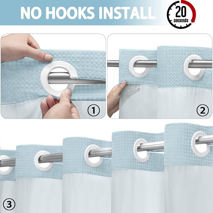 Aqua No Hook Shower Curtain and Liner Set,Hotel Waffle Shower Curtain with Liner 75" L x 72" W