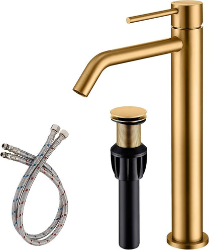 Brushed Brass Vessel Sink Faucet with Pop Up Drain and Supply Lines, Stainless Steel Brass Tall Bathroom Faucet Single Hole, JXMMP Gold Bathroom Faucet for Bowl Sink 1 Hole, JXM1001BTG