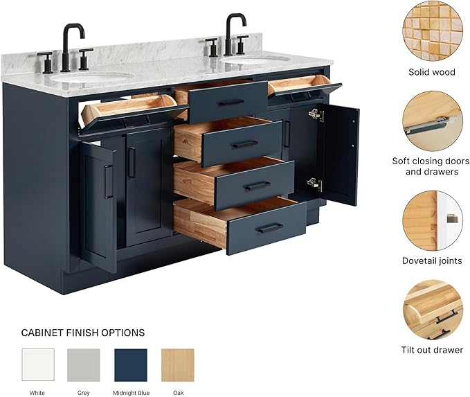 ARIEL Hepburn 66-inch Bathroom Vanity with Sink,Solid Wood, 0.75-inch Italian Carrara Marble Countertop, Double Oval Porcelain Sink, 4 Soft Closing Doors, 6 Dovetail Drawers, Midnight Blue