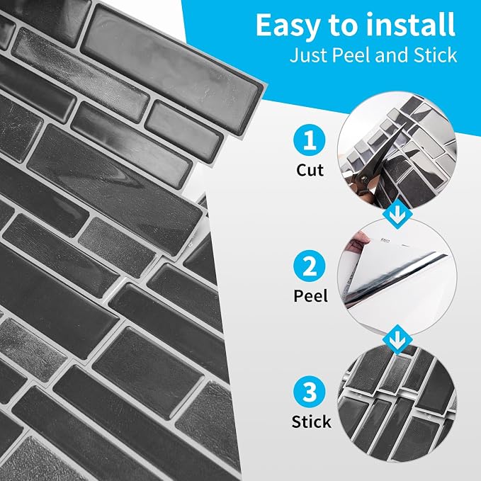 Art3d Marble Peel and Stick Backsplash, 10-Sheet, 12" x 12", Smoky Black | Lightweight, Self Adhesive, Moisture Resistant, Easy to DIY, Modern Style, for Kitchen, Bedroom, Ideal for New Home Buyers